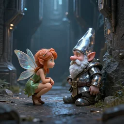tiny fairy talking to a small rock gnome in a dark ally in a sci - fi fantasy city, dnd, futuristic, chrome, geometric, beautiful, soft light, ultra detailed, matte painting, unreal engine, 4 k