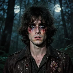 a beautiful but sinister young man in layers of fear, with haunted eyes and wild hair, 1 9 7 0 s, seventies, woodland, a little blood, moonlight showing injuries, delicate embellishments, painterly, offset printing technique, by brom