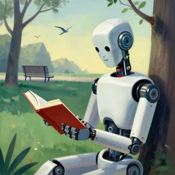 A robot reading a book in a park, birdsview, birds; in the style of Umberto Boccioni
