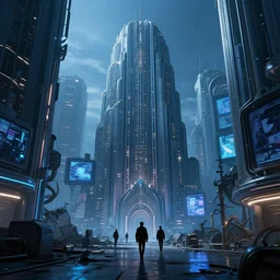 lone travelers walking through the remnants of a dystopian city, art deco architecture, technological lights, screens, cyberpunk style, 8 k resolution, by hugh ferris and john smith and noriyoshi ohrai, polished, fine detail, intricate, blue color scheme, cyberpunk style, smooth, octane, concept art, trending on artstation