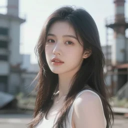 photo of an asian woman in an abandoned industrial city, beautiful face, raytracing, dreamy, perfect, aura of light, pure, glow, insanely detailed, artstation, innocent look, art by gauthier leblanc, kazuya takahashi, huifeng huang