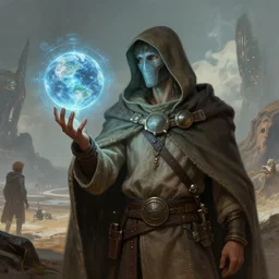 male nomad wearing a cloak on an alien world and holding a holographic planet projection in his hand, covered face, detailed, sci - fi, digital painting, artstation, sharp focus, illustration, artgerm, tomasz alen kopera, peter mohrbacher, donato giancola, joseph christian leyendecker, wlop, frank frazetta