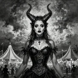 By Tom Bagshaw, ultra realist soft painting of a curiosity carnival by night, very beautiful horn female gothic wearing corset, partial symmetry features, very intricate details, omnious sky, black and white, volumetric light clouds
