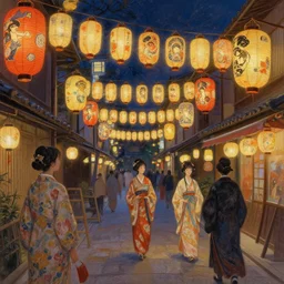 a beautiful realistic painting of the lantern festival in old kyoto, neon colors, intricate, elegant, highly detailed, digital painting, artstation, concept art, by krenz cushart and artem demura and alphonse mucha