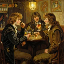 bradley james as arthur pendragon and colin morgan as merlin go to a pub together to have some drinks. highly detailed painting by gaston bussiere, alphonse mucha, greg rutkowski, 8 k
