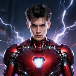 character concept portrait, symmetrical head-on centralized, Young man with advanced red and black iron suit. Detailed, high quality, dynamic lightning, fantasy, scenematic. Artwork by Artgerm, WLOP, Alex Ross, Greg Rutknowski, Alphonse Mucha