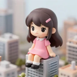cute macro anime girl sitting on a micro city, pink dress