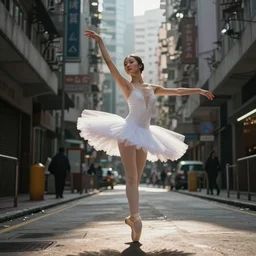 a dynamic photograph of a ballet dancer in a dystopic Hong Kong street. Realism.