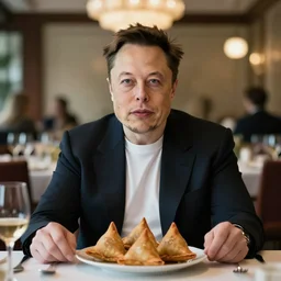 a portrait of elon musk sitting at the dining table with a plate containing samosa in front of him, highly detailed, trending on artstation, bokeh, 9 0 mm, f / 1. 4