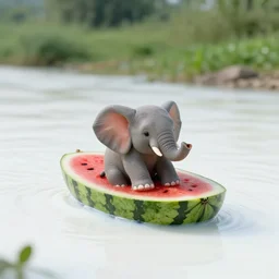 a small elephant sits in a boat made of watermelon and floats on a river of white white white white white milk, white water