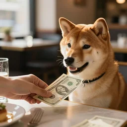 shiba inu paying a too much expensive bill at restaurant, professional photography, 5 0 mm lens, golden hour