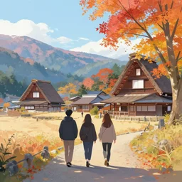 walking around hida - furukawa and kamioka, gifu, japan. volumetric lighting, autumn morning, nice weather, few clouds, realistic illustration, perfectly shaded, soft painting, art by krenz cushart and wenjun lin