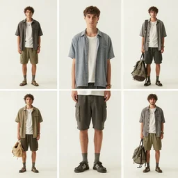 a grid of four example outfits of full body male summer fashion, sustainable, solar punk aesthetic, beachy summery, comfortable, cool, breathable