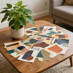 A collage of a plant on a coffee table, mid-century modern, made of random shapes cut from magazines and colored paper, abstracted block color shapes, earth tones