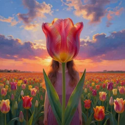 dutch girl with singular giant tulip as a face, surreal photography, flower field, sunset dramatic light, impressionist painting, colorful clouds, blue sky, digital painting, artstation, simon stalenhag