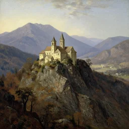 hudson river school painting, a small medieval old monastery on the top of a rough, steep mountain with great view on other mountains, epic, no trees, no foliage, realistic light, epic