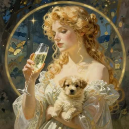 blonde with champagne and puppy. art by mucha