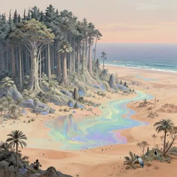 highly detailed holographic iridescent sci fi world with forests, deserts, oceans, at dusk, by gilbert williams, by simon stalenhag, by beeple, by bruce pennington, by moebius, featured in juxtapoz, mixed media, dynamic composition, octane render, with many different pastel shades of blue pink orange yellow green, beautiful lighting, desaturated