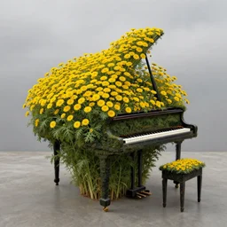 helichrysum bushel made out of pianos, grey sky, artwork by james ensor