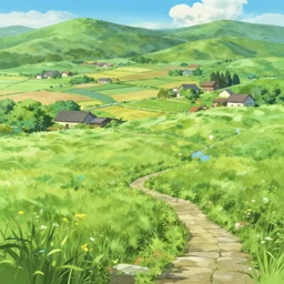 an anime movie background matte painting of a meadow in the countryside, rolling hills, cottages, farmland, flagstone road, by Makoto Shinkai, trending on Artstation, highly detailed