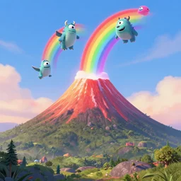 a volcano with rainbow monsters flying out of the top, pixar, dreamworks animation,