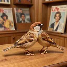 realistic photo of the sparrows made of wood, polished and wooden, standing in the wooden room full of wood. displays are shiny 1 9 9 0, life magazine reportage photo
