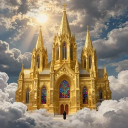 breathtaking detailed painting of a detailed golden cathedral amid white clouds in the sky, above the ground with the sun shining through tumultuous clouds, colorful stained glass with one person standing in front, rembrandt style, hyper detailed, volumetric lighting, concept art, matte, sharp focus, 8 k, by tom bagshaw, and greg rutkowski