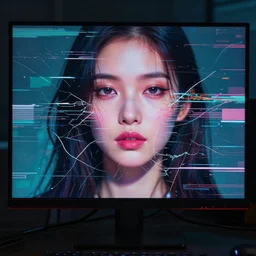 A broken monitor with a calm AI women's face on it. No lipstick. Very very very strong glitches on the monitor. The face is blurry with glitches. Extremely high detail, glitchcore, glitches, glitch, cyberpunk, 8k render