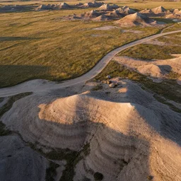 aerial overhead close up shot of a badlands mixed grass prairie with dirt and rocks in golden hour lighting