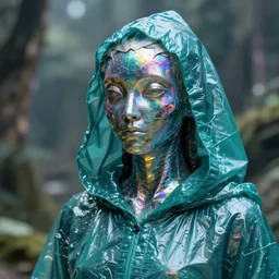 hyper detailed ultra sharp photo of iridescent humanoid deity wearing teal plastic hooded cloak, in lourmarin, cinematic lighting, photorealistic, octane render 8 k