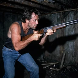 color video footage of the monster hunting in dark basement, a ma holding shotgun, midnight, 2 0 0 0's