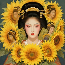 portrait of sunflower geisha. beautiful symmetrical face. fantasy, regal, by kim keever, victo ngai, stanley artgerm lau, greg rutkowski, thomas kindkade, alphonse mucha, loish, norman rockwell