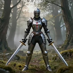 muscular helmeted female warrior wielding two swords wearing full body knight!! armor, forest plains of yorkshire, misty forest, elden ring, dark souls, good value control, digital painting, sharp focus, rule of thirds, 4k, knight inspired kamen rider armor, rubber suit, centered, magic hour photography, atmospheric, moody vibrant colors