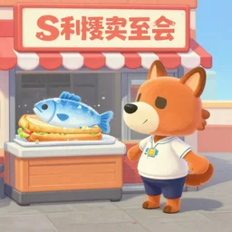 painting of tom nook from animal crossing robbing a subway sandwich store with a frozen fish