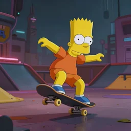 (Bart Simpson) skateboarding at a playground, Night City Cyberpunk 2077, muted cyberpunk style, high energy, desolate, atmospheric, hazy, sweltering, autochrome, 8K, 4K, reflections, octane render, unreal engine 5