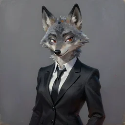 beautiful oil painting of anthromorphic female wolf, in style of zootopia, zootopia, zootopia, fursona, furry, furaffinity, 4 k, deviantart, furry art, fursona art, wearing black business suit, business suit, in style of zootopia, wolf fursona, cyberpunk, female, expressive detailed feminine face,