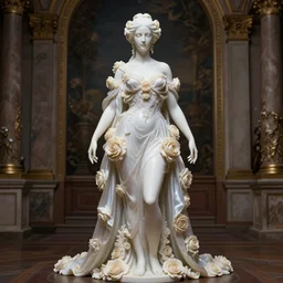 alone with herself wonderful symmetrical neoclassical portrait of woman albino goddess with a beautiful porcelain body dressed with a majestic semi transparent silk cream roses long dress, hightly ornate, intricate, detailed, dramatic light, award winning, octane render, wonderful renaissance background