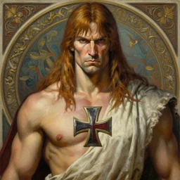 conan the barbarian, closeup portrait, sci fi, fantasy, intricate, with german iron cross on bare chest, elegant, loin cloth, highly detailed, oil painting, artstation, concept art, matte, sharp focus, illustration, hearthstone, art by artgerm and greg rutkowski and alphonse mucha