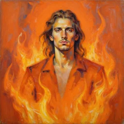 abstract painting of man made of flames, handsome. long hair. Stubble. by craig mullins, featured on artstation. Portrait. Soviet era pose. Stoic. Orange.
