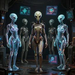 Ladies and holograms of alien artifacts, digital displays and holographic projections, projections of , ultrarealistic, dramatic lighting, electrical details, high details, 4k, 8k, best, accurate, trending on artstation, artstation, photorealism, ultrarealistic, digital painting, style of Caravaggio, Boris Vallejo