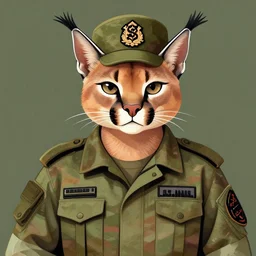Big Floppa caracal wearing military uniform, digital art