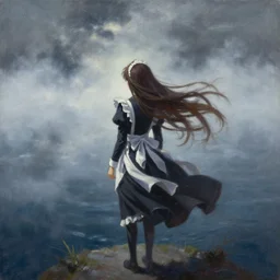 romanticist oil painting of anime key visual environment concept art of of wanderer above the sea of fog 1 8 1 8 with anime maid with long flowing brown hair, grimdark fantasy, acrylic painting, trending on pixiv fanbox, palette knife and brush strokes, oil on canvas, style of makoto shinkai jamie wyeth james gilleard edward hopper greg rutkowski studio ghibli genshin impact