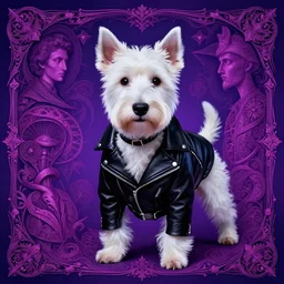 a white terrier dog in a black leather biker jacket, in the style of beksinski, intricate composition, magentaby caravaggio, highly quality, highly detailed, masterpiece, blue light, artstation