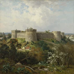 Painting of a fortress overlooking woodland. High resolution and detailed. In the style of John Constable.