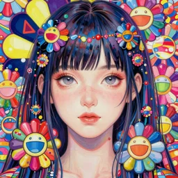a beautiful girl surrounded by bright intricate patterns, by takashi murakami, intricate painting, hyper realistic, extremely detailed and beautiful aesthetic face, 8 k resolution