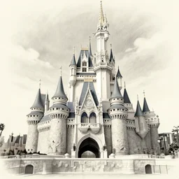 walt disney in front of a disney castle, enormous, big, pencil sketch, 3 d render