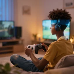 a black boy [ { playing video - game in your room!!! ] } ) photorealistic, volumetric light - s 1 5 0