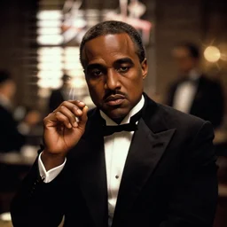 kanye west as vito corleone in the godfather movie still, cinematic lighting, ray tracing, octane render, long lens, shallow depth of field, bokeh, anamorphic lens flare, 8 k, hyper detailed, 3 5 mm film grain,