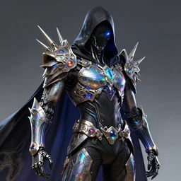 the omnipotent assassin, vivid award winning digital artwork, black sharp hooded cybernetic athletic body armor, intricate linework, beautiful iridescent colors, technology cloak, ornate gothic baroque spikes, glowing face, detailed realistic, ray tracing, colored gems, character cgi by wlop and greg rutkowski and artgerm