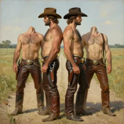 a homoerotic symmetrical painting by clyde aspevig, greg rutkowski, gaston bussiere, j. c. leyendecker of attractive hairy gunslinger and handsome cowboy wearing leather pants, they are in love standing back to back | bandoliers, shirtless | natural lighting, path traced, highly detailed, high quality, tom of finland, trending on artstation